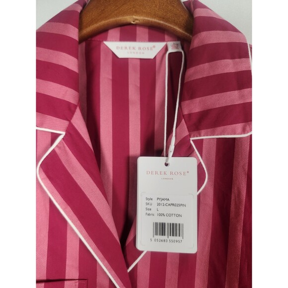 DEREK ROSE London PYJAMA Set Womens Size LARGE PINK Striped Cotton NWT MSRP $345 - Picture 5 of 9